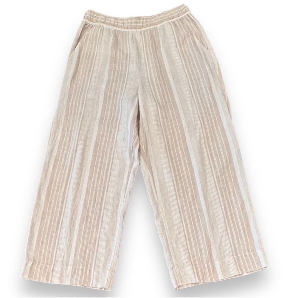Tahari Linen-Blend Wide Leg Pull-On Lagenlook Ivory Striped Pants, size S